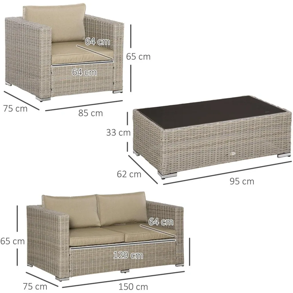 Vierteilige Sofagarnitur in Rattanoptik mit großem Beistelltisch Khaki+Beige