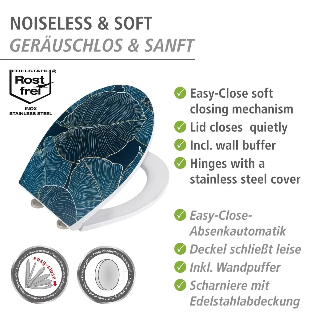 Premium WC-Sitz Big Leaves mit Relief, aus antibakteriellem Duroplast, mit Absenkautomatik