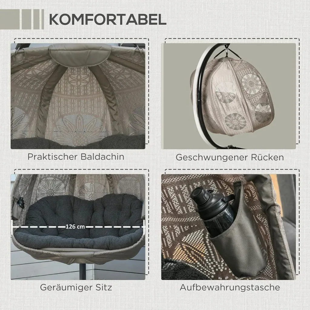 Hängesessel Hängekorb mit Gestell für 2 Personen Hängeschaukel Hängestuhl mit Kissen Korb faltbar Blumen-Strickstoff Sta