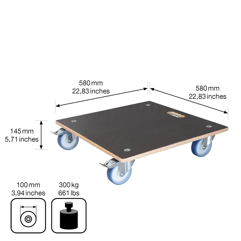 Multi Roller MR 1358, 58 x 58 x 14,5 cm, softe Rollen Ø 100, Rollenlager, 2 Bremsen, Maxigrip FSC®, Tragkraft 300 kg