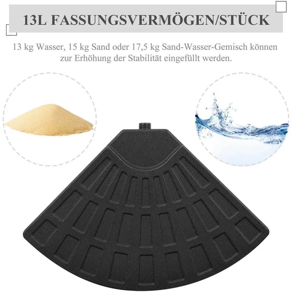 Sonnenschirmgewicht 4-tlg. Schirmgewicht für Sonnenschirm mit 52 kg Wasser oder 68 kg Sand befüllbar HDPE Schwarz