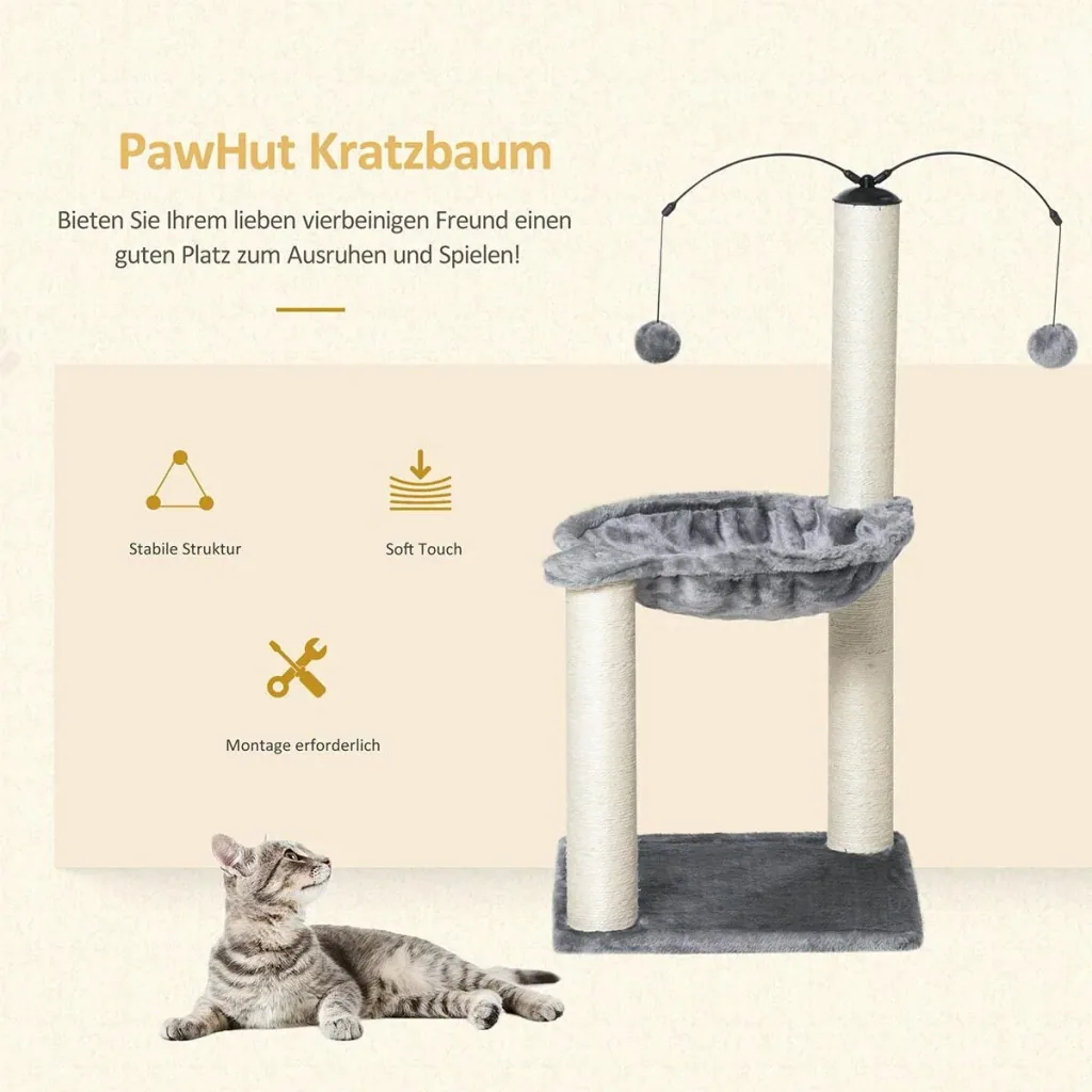 Kratzbaum mit Hängematte Katzenbaum Kletterbaum für Katzen mit Spin-Ball Grau 39,5x39,5x83 cm
