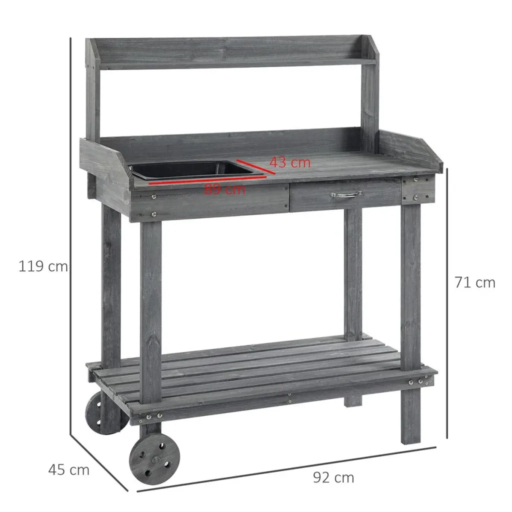 Pflanztisch mit Schublade 2 Stufen Gärtnertisch mit waschbecken und Rollen Garten Tannenholz Grau 92 x 45 x 119 cm