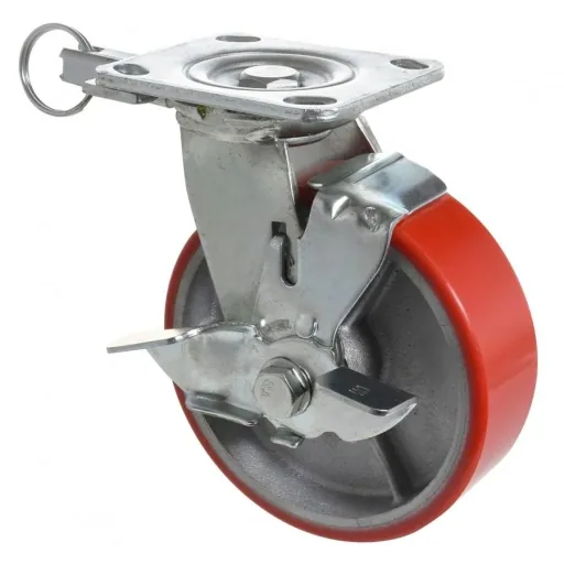 Schwerlast Bock- & Lenkrolle DIRECTION LOCK 3in1 - Ø 152 mm, Gusseisen, soft, 2 Einspritzdüsen, Bremse, Tragkraft 400 kg