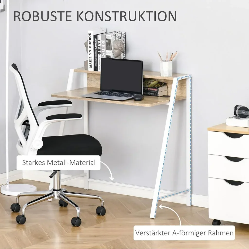 Schreibtisch Computertisch Bürotisch Arbeitstisch mit Ablagefach Kabeldurchlass Metall Weiß+Eiche 84 x 45 x 85 cm