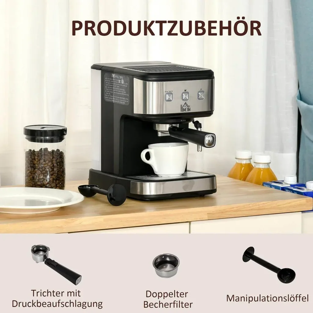 Espressomaschine Kaffeemaschine aus Edelstahl Siebträgermaschine mit Milchschäumer 1,5L Wassertank 15 Bar für Espresso C