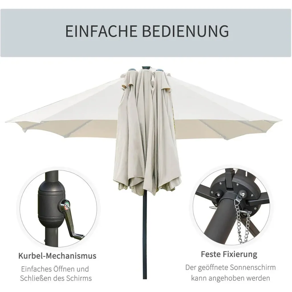 Sonnenschirm mit LED Doppelsonnenschirm 440 x 260 cm Gartenschirm Marktschirm groß Terrassenschirm mit Handkurbel Oval M