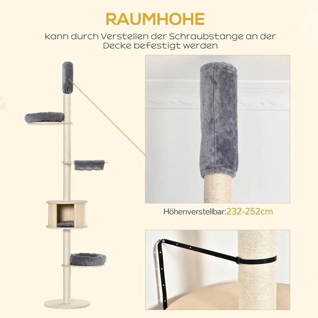 Kratzbaum Katzenbaum Deckenhoch Kletterbaum mit holz Katzenhöhle Sisal Plüsch höhenverstellbar Grau 50 x 50 x 232-252 cm