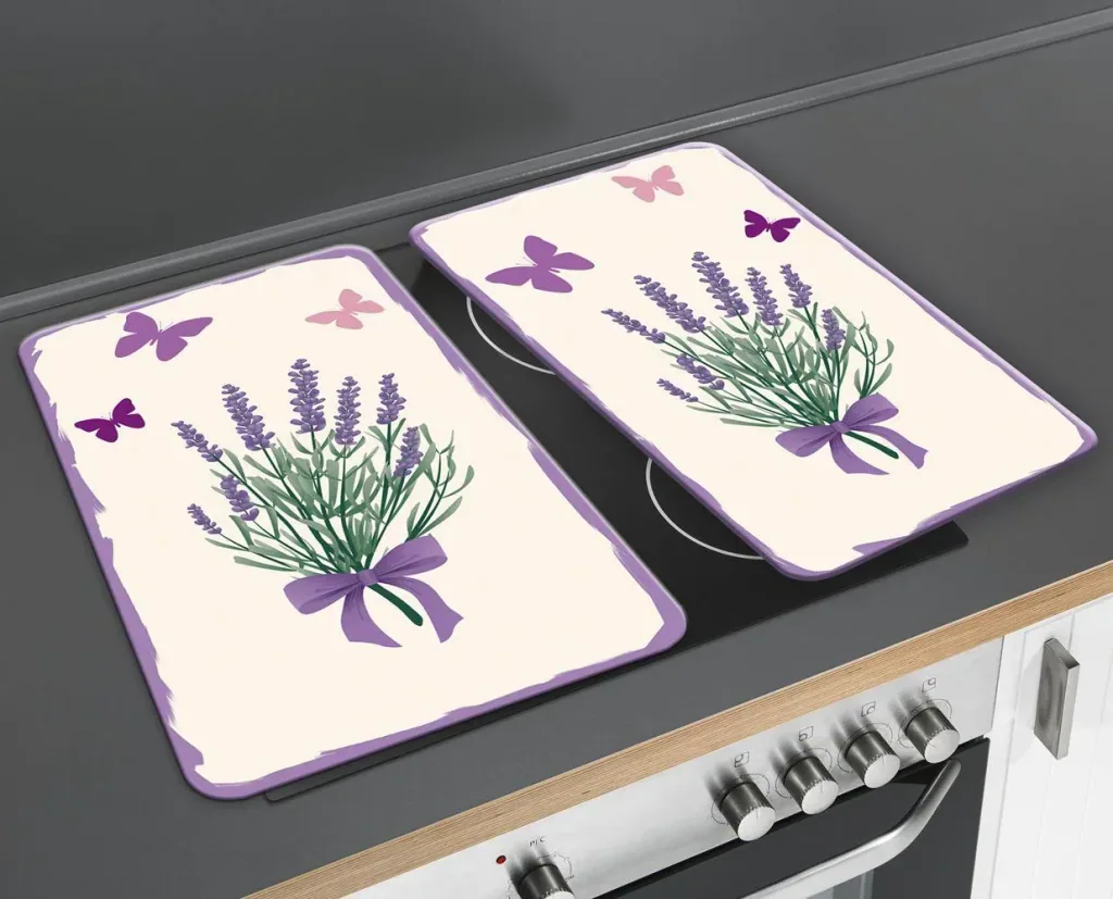 3 in 1 Herd-Abdeckplatten, Schneidbretter, Arbeitsplatten, Glas, Lavendel Bouquet-Design, je 52 x 30 cm, 2er-Set
