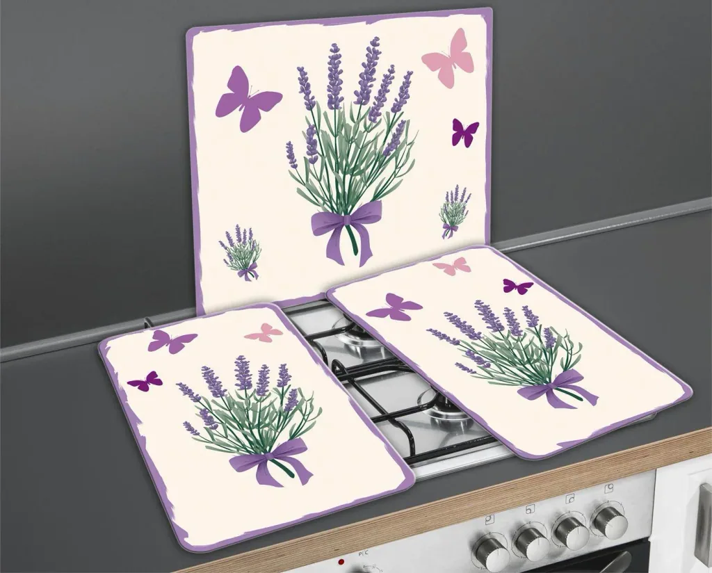 3 in 1 Herd-Abdeckplatten, Schneidbretter, Arbeitsplatten, Glas, Lavendel Bouquet-Design, je 52 x 30 cm, 2er-Set
