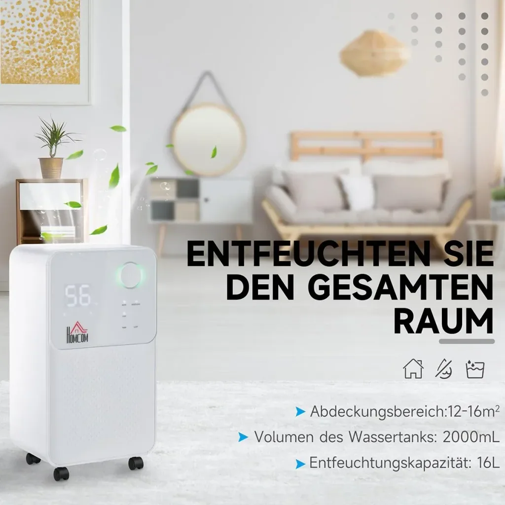 Luftentfeuchter 16-20 16 L / 24 h elektrischer Luftentfeuchter 2000 ml mit Rädern ABS weiß 28 x 20 x 50,5 cm