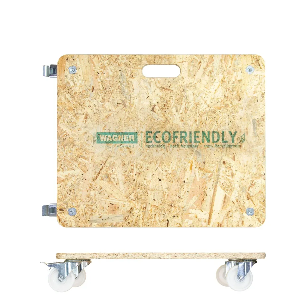 Transporthilfe MM 1172, 59 x 49 x 11 cm, harte Rollen Ø 75 mm, Rollenlager, OSB Platte, CO2-neutral, Tragkraft 250 kg