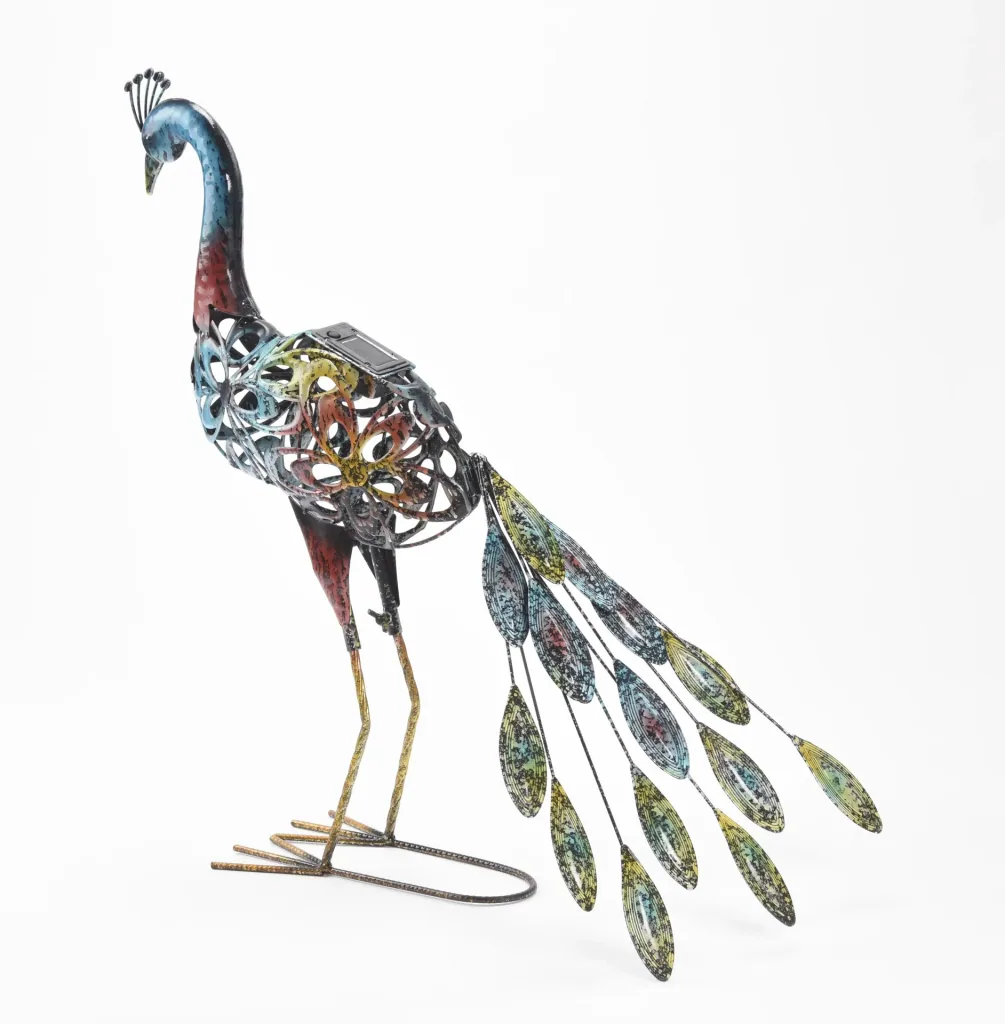 Metalldeko-Pfau Clyde mit LED - solarbetrieben