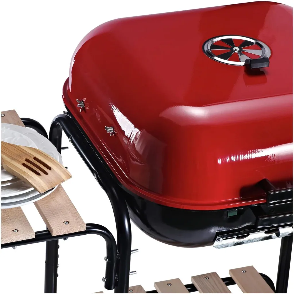 Kohlegrill Standgrill Grillwagen mit Windschutz 3 x Ablagefach Metall Rot 98 x 49 x 81 cm