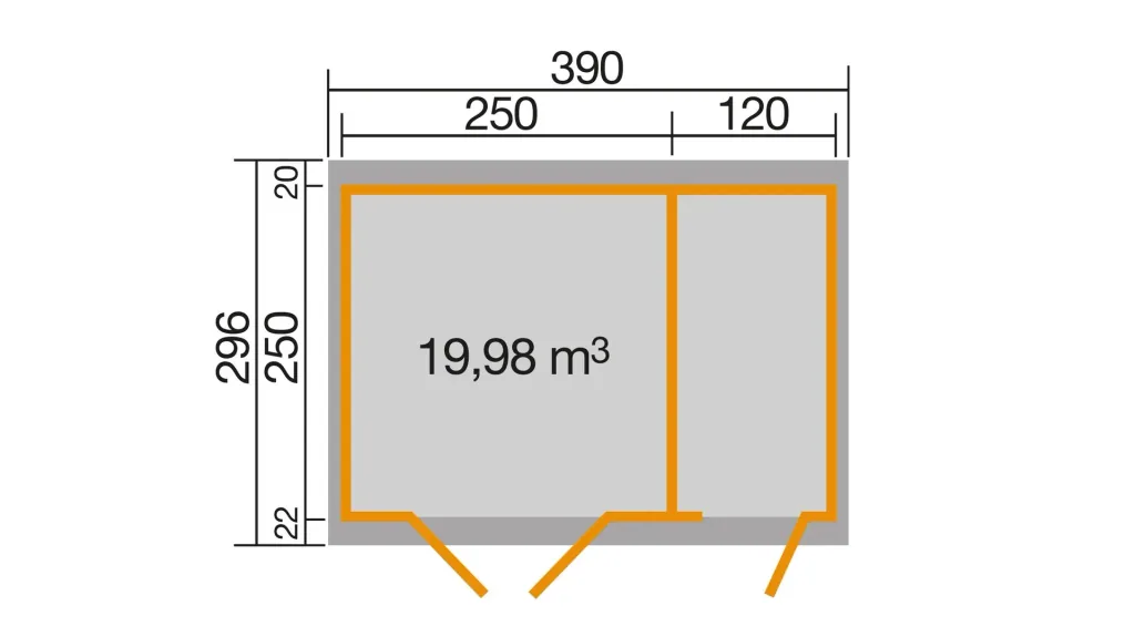 Gartenhaus 254 Gr.2, 394 x 296 x 222 cm hellgrau, Doppeltür, mit 2. Raum Einzeltür