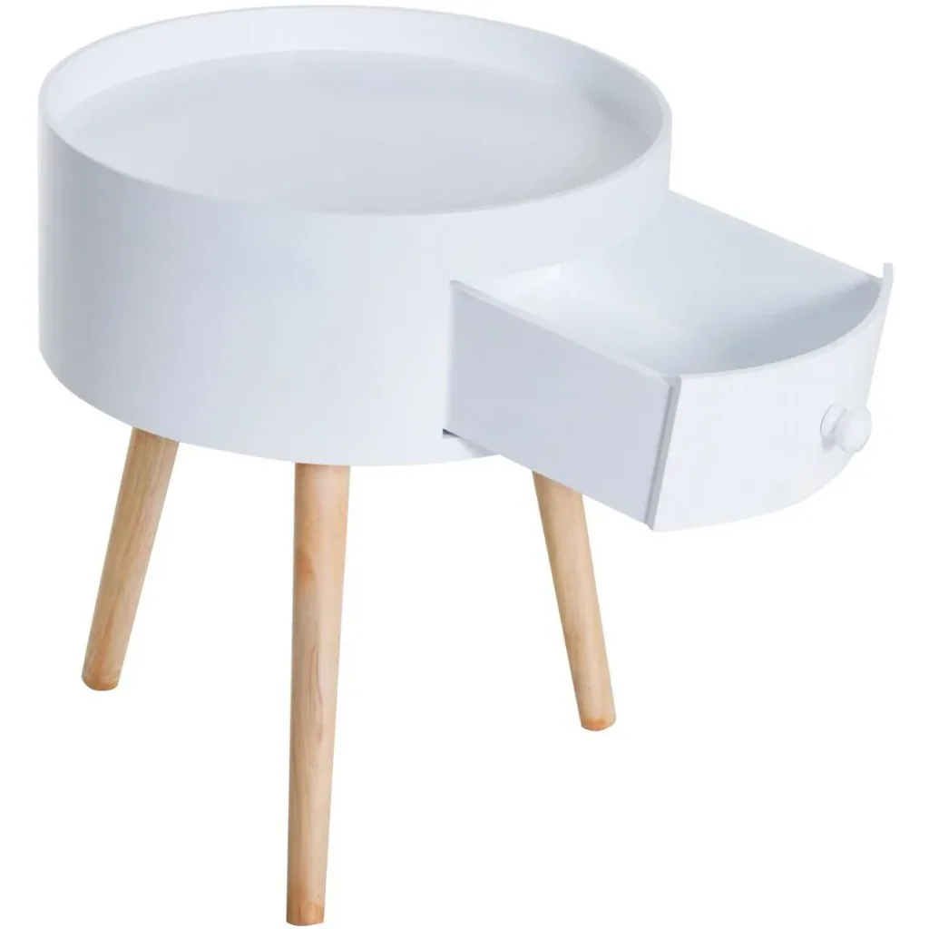 Couchtisch rund Beistelltisch mit Schublade Holz Weiß