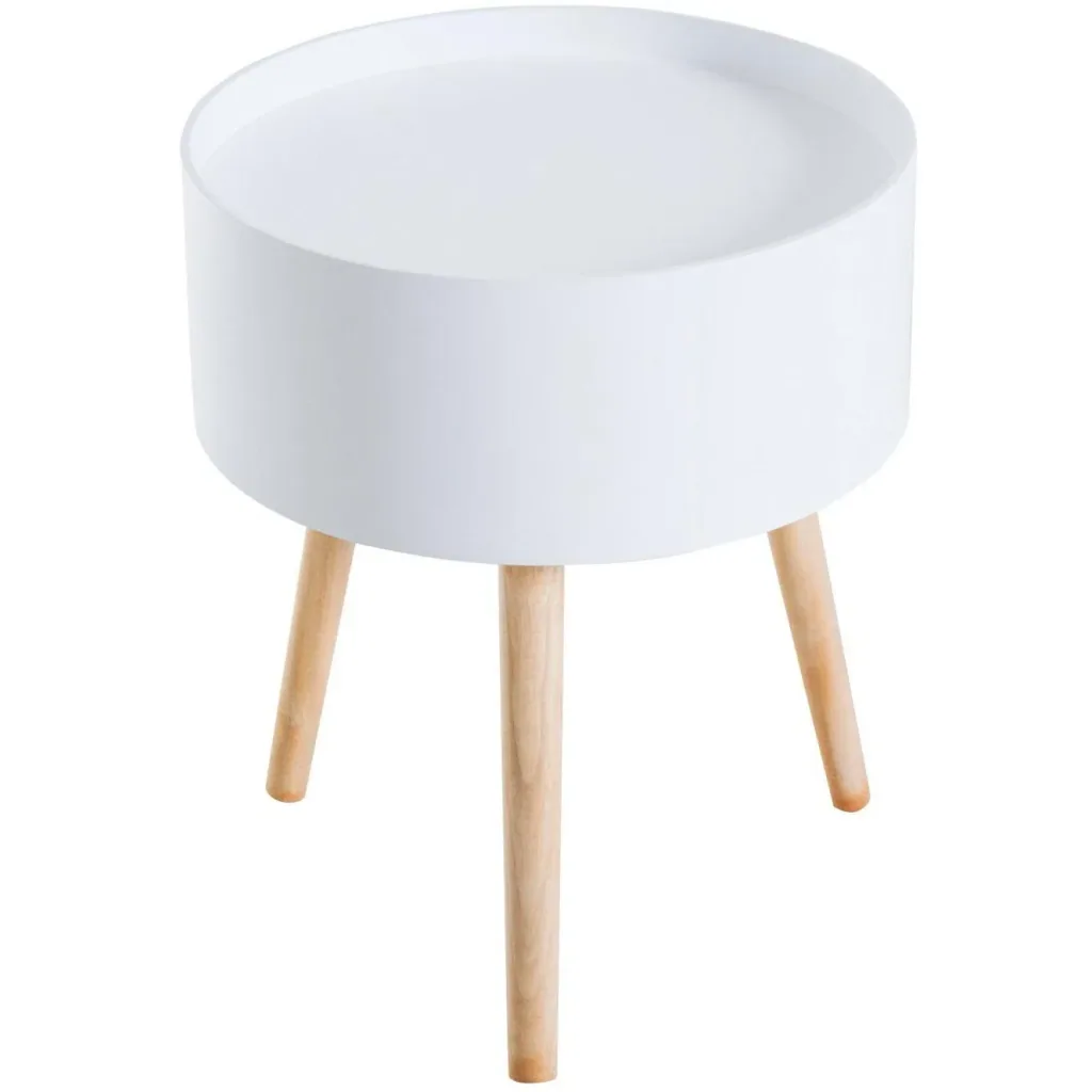 Couchtisch rund Beistelltisch mit Schublade Holz Weiß