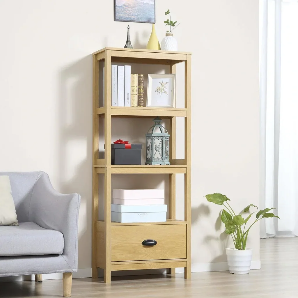 Strandregal Bücherregal 3-stufiges mit Schublade Büroregal Lagerregal Aktenregal Küchenregal MDF Eiche 60 x 30 x 150 cm