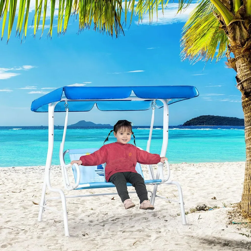 Kinderhängematte 2-Sitzer Kinderschaukel mit verstellbarem Sonnendach für 3-6 Jahre Kinder Metall blau 110 x 74 x 113 cm