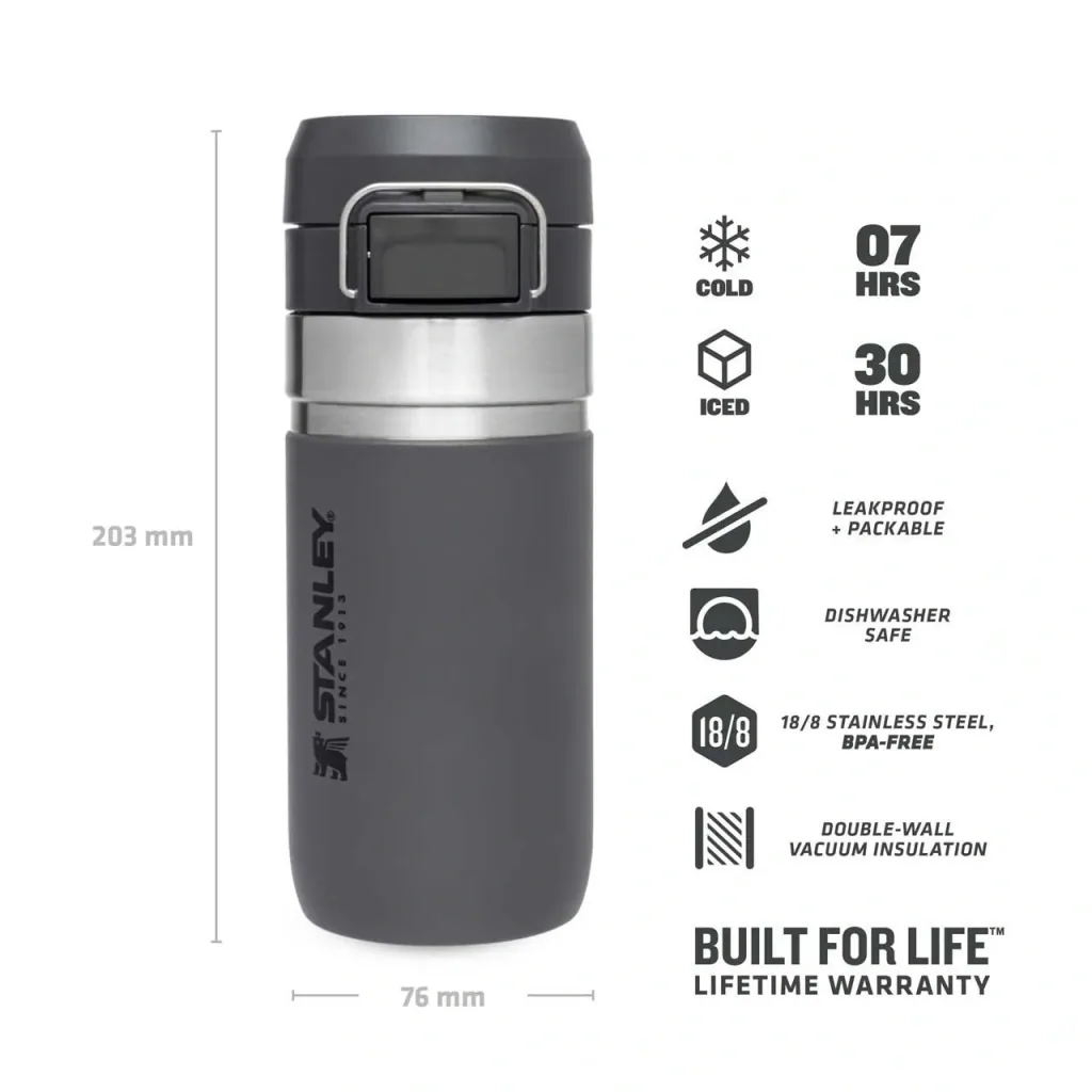 Quick Flip Water Bottle 0,47 l, Charcoal, Vakuumisolierung, Sicherheitsverschluss