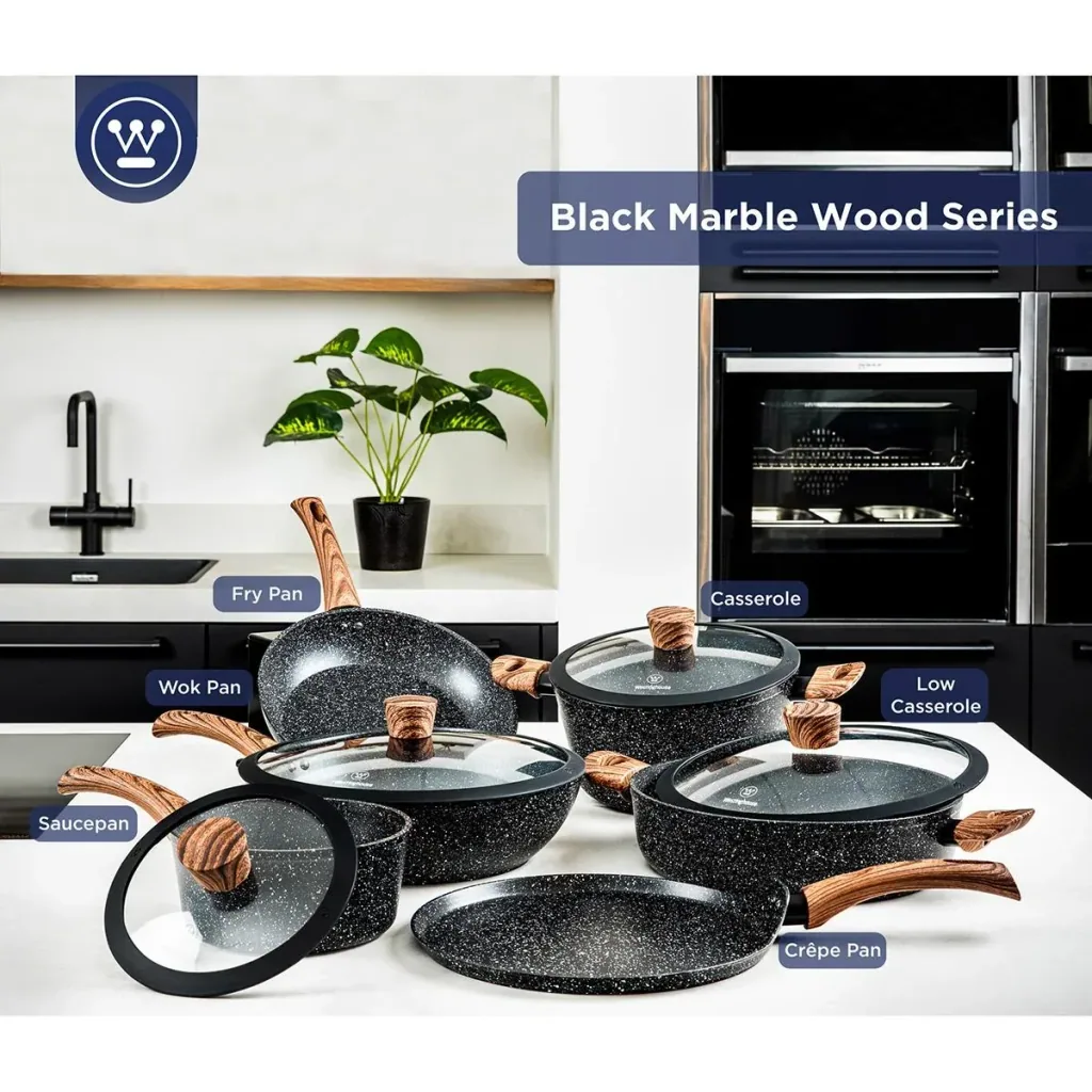 Schwarzer Marmor Holz Töpfe und Pfannen - Eintopf 18 cm + Eintopf 20 cm - Schwarz