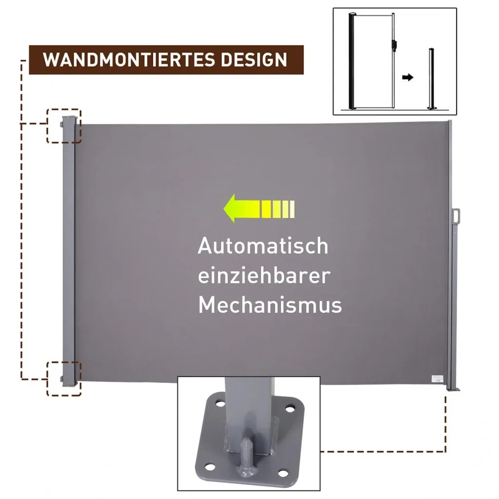 Seitenmarkise, Sicht- und Sonnenschutz, Seitenrollo, Polyester, Grau, 3 x 2m