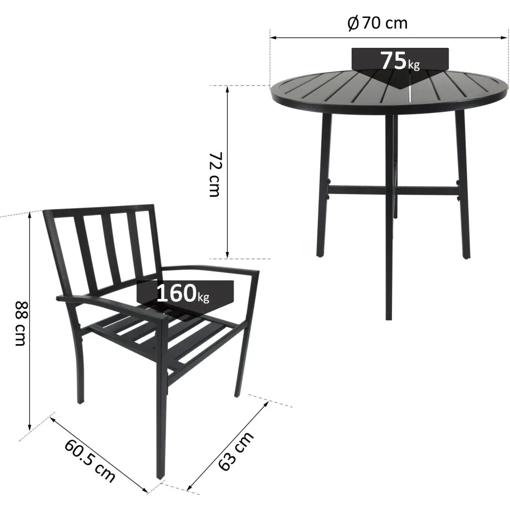3-teilige Essgruppe Sitzgruppe Esstisch-Set rund Tisch Metall Schwarz mit 1 Tisch + 2 Stühlen