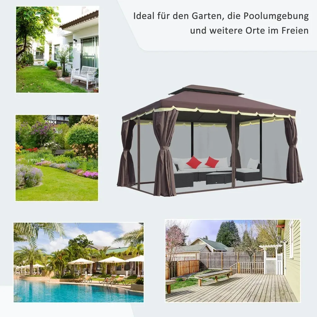 Gartenpavillon Pavillon Gartenzelt Festzelt Partyzelt mit 4 x Seitenwand wetterfest Aluminium Polyester Kaffee+Schwarz 3