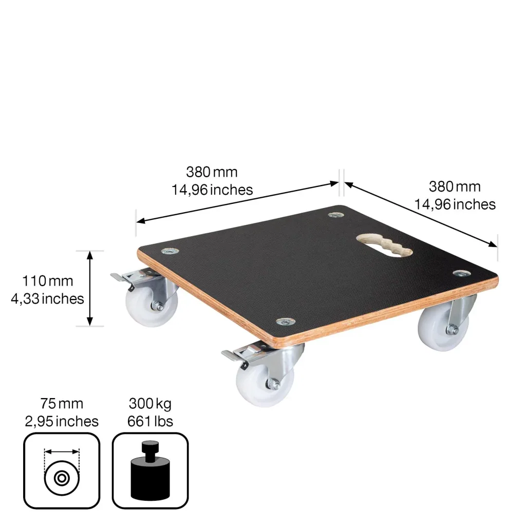 Multi Roller MR 1338, 38 x 38 x 11 cm, harte Rollen Ø 75 mm, Rollenlager, 2 Bremsen, Maxigrip FSC®, Tragkraft 300 kg