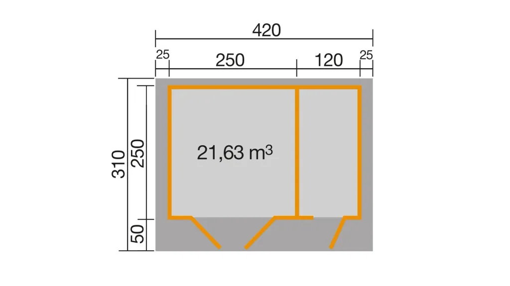 Gartenhaus 253 Gr.2, 420 x 310 x 270 cm Wandstärke 28 mm, Doppeltür, mit 2. Raum Einzeltür