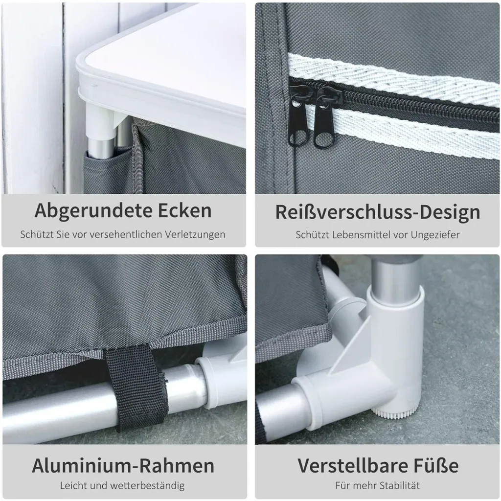 2in1Campingtisch mit Arbeitsplatte und Fächern grau