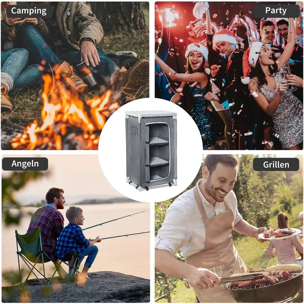2in1Campingtisch mit Arbeitsplatte und Fächern grau