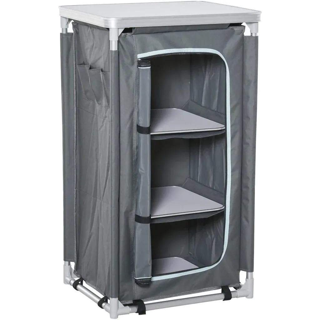 2in1Campingtisch mit Arbeitsplatte und Fächern grau
