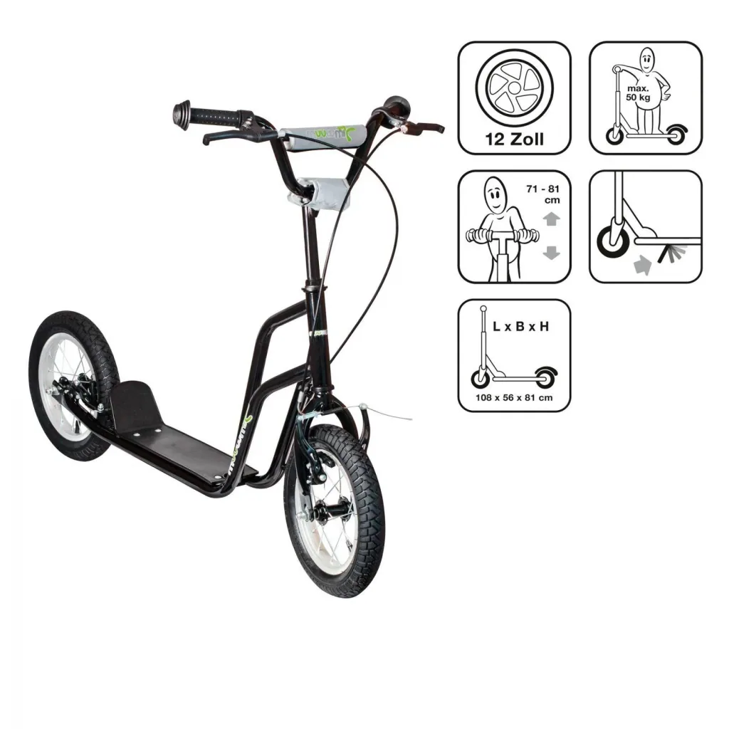 Roller Fun AIR, 12 Zoll Luftbereifung, Stahlrahmen, V-Bremse, Lenker höhenverstellbar, inkl. Ständer, schwarz