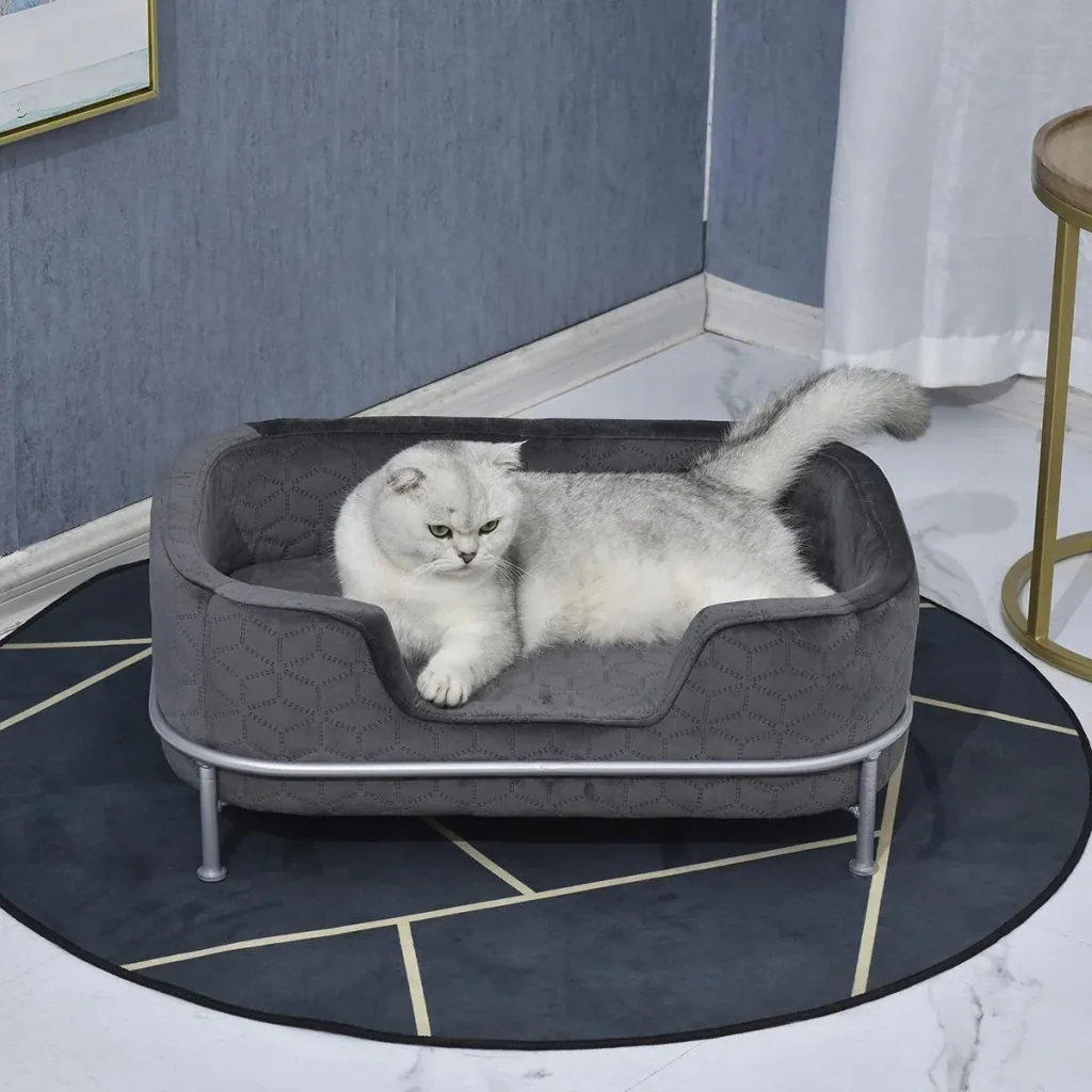 Hundesofa mit Rückenlehne Haustiersofa mit Metallbeinen Hundebett Weichem Bezug Katzensofa Metall Grau 63,5 x 43 x 24,5