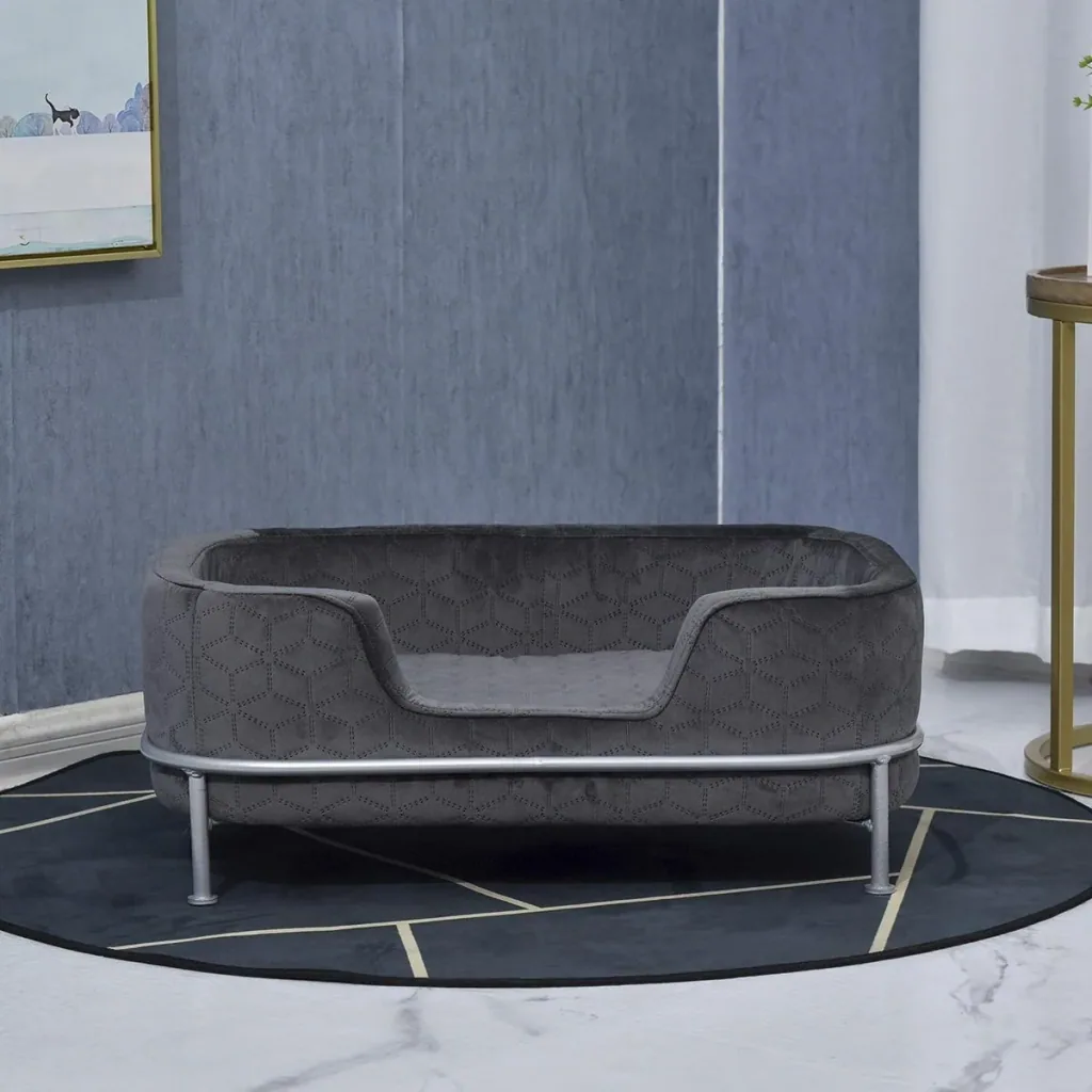 Hundesofa mit Rückenlehne Haustiersofa mit Metallbeinen Hundebett Weichem Bezug Katzensofa Metall Grau 63,5 x 43 x 24,5