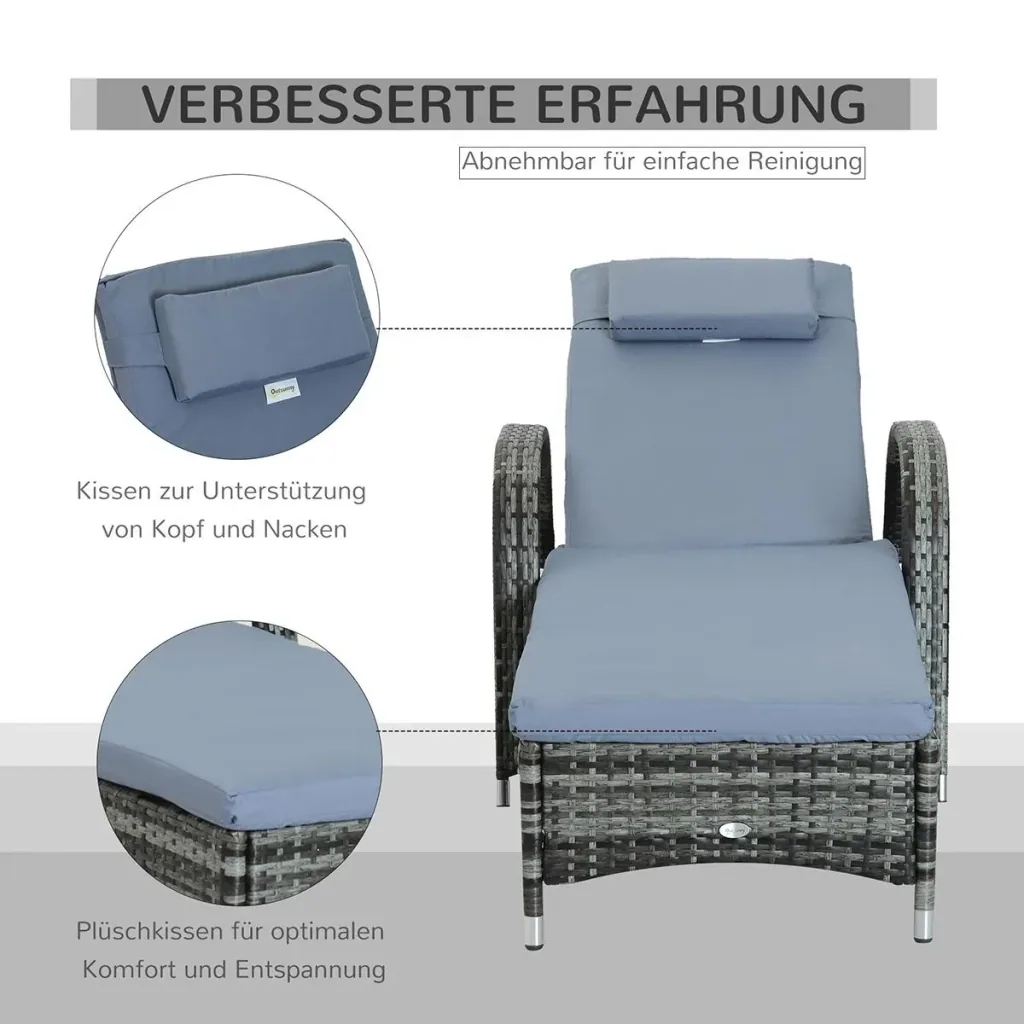 Gartenliege Sonnenliege Rattanliege Gartenmöbel Liege mobil mit Kissen, Polyrattan+Metall, Grau, 200x73x72-103cm