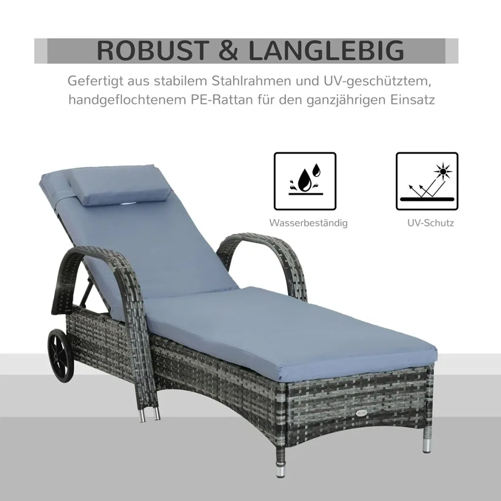 Gartenliege Sonnenliege Rattanliege Gartenmöbel Liege mobil mit Kissen, Polyrattan+Metall, Grau, 200x73x72-103cm