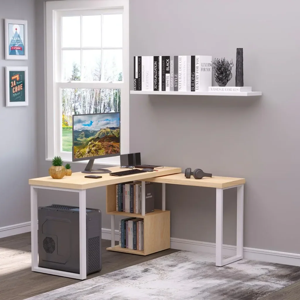 Eckschreibtisch Winkelschreibtisch PC-Tisch Computertisch Bürotisch L-Formen 360° drehbar MDF Eisen Weiß+Eiche 220 x 55