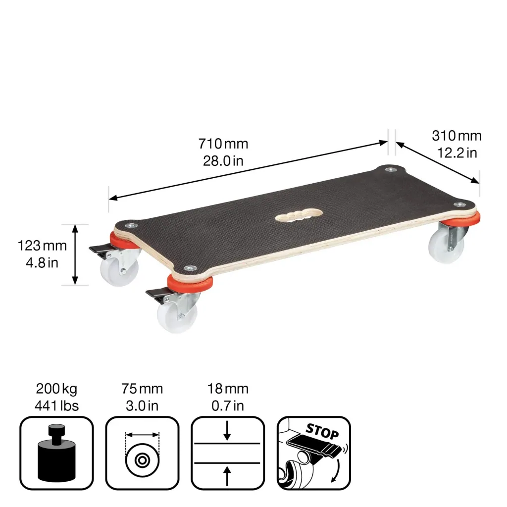 Transporthilfe MM 1365, 71 x 31 x 12,5 cm, harte Rollen Ø 75 mm, Gleitlager, 2 Bremsen, Platte FSC®, Tragkraft 200 kg