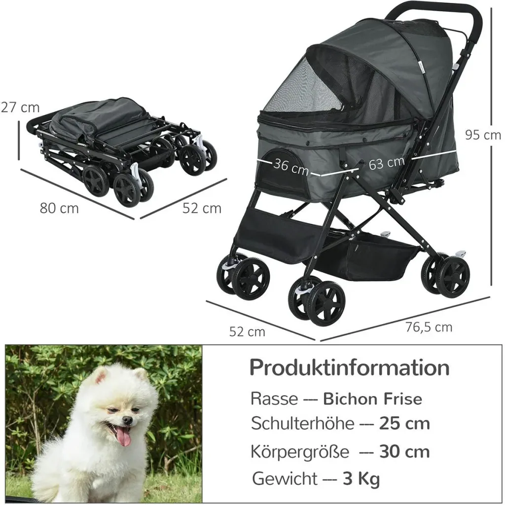 Hundebuggy Hundewagen Buggy für kleine Hunde und Katzen Haustierwagen Pet Stroller Katzenbuggy Oxford Dunkelgrau 76,5 x