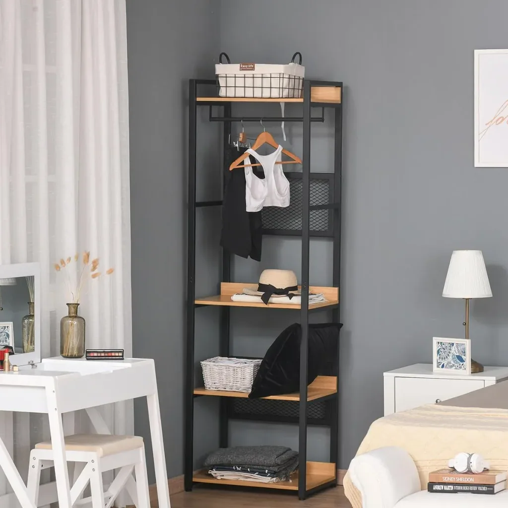 Garderobeständer Mantelgestell Kleiderständer Kleidung Hüte Taschen Schuhe Multifunktion Schwarz+Natur 60 x 40 x 190 cm