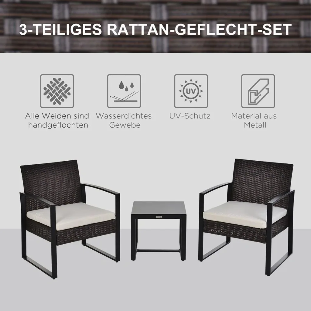 Polyrattan Sitzgruppe Gartenset 3 tlg. Gartenmöbel mit Kissen Garten Braun