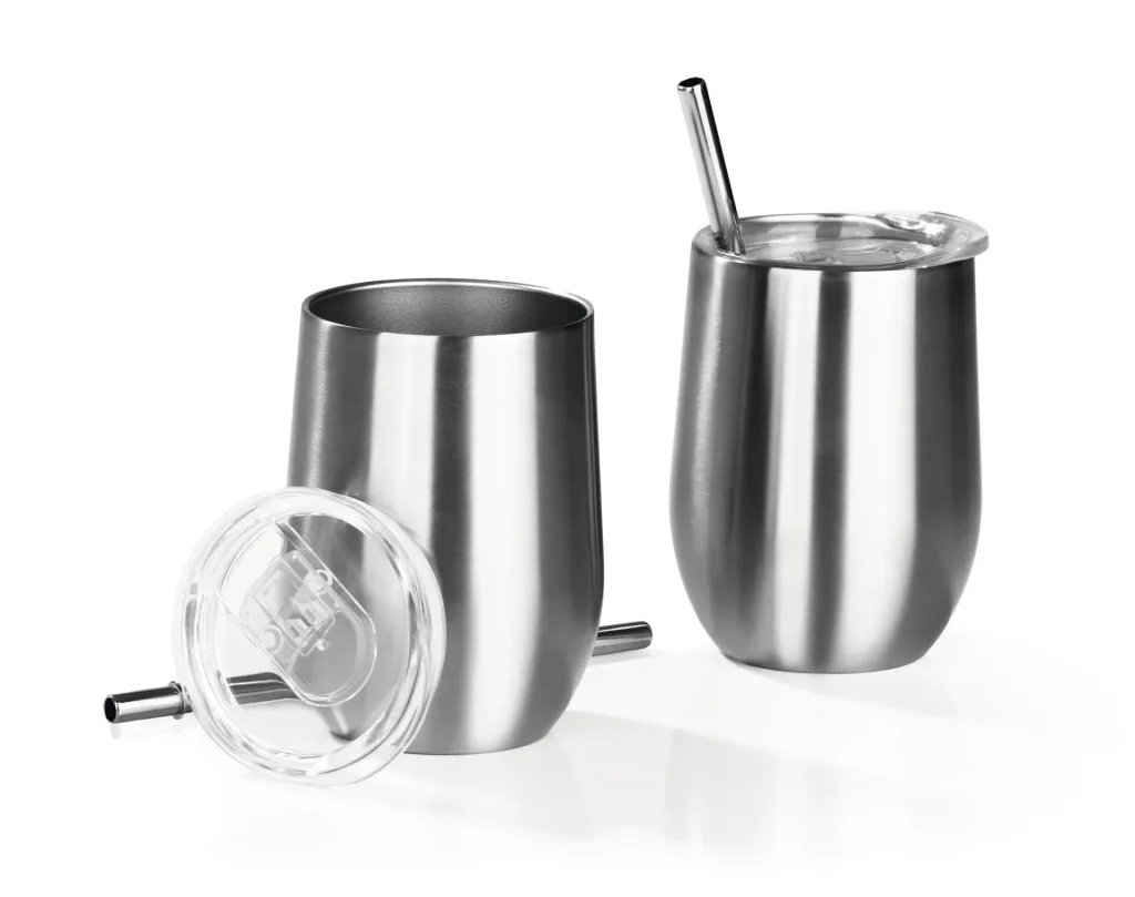 Thermo Getränkebecher aus Edelstahl mit Edelstahl Trinkhalme und abnehmbaren Deckeln, 6-teilig 350 ml