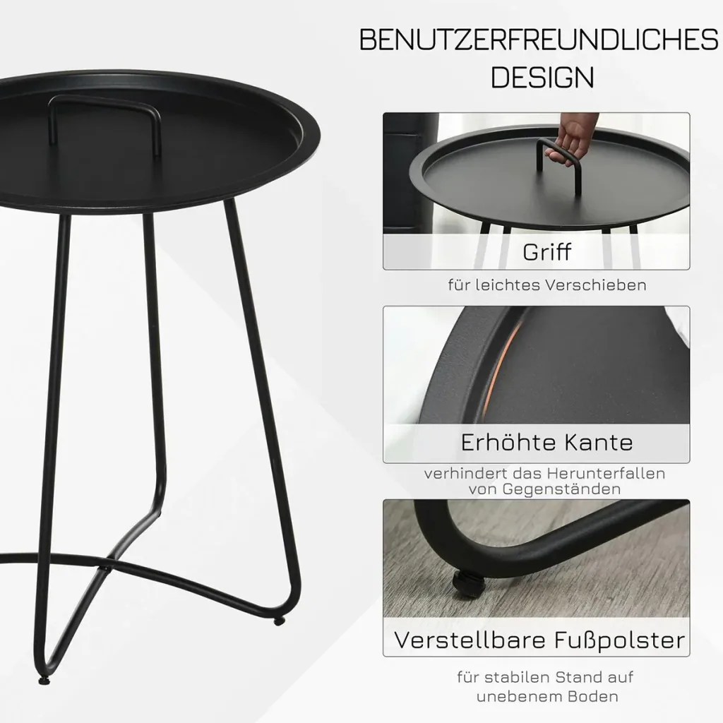 Beistelltisch für Garten Couchtisch Kaffeetisch mit Tragegriff Wohnzimmer Metall Schwarz Ø46 x 56H cm