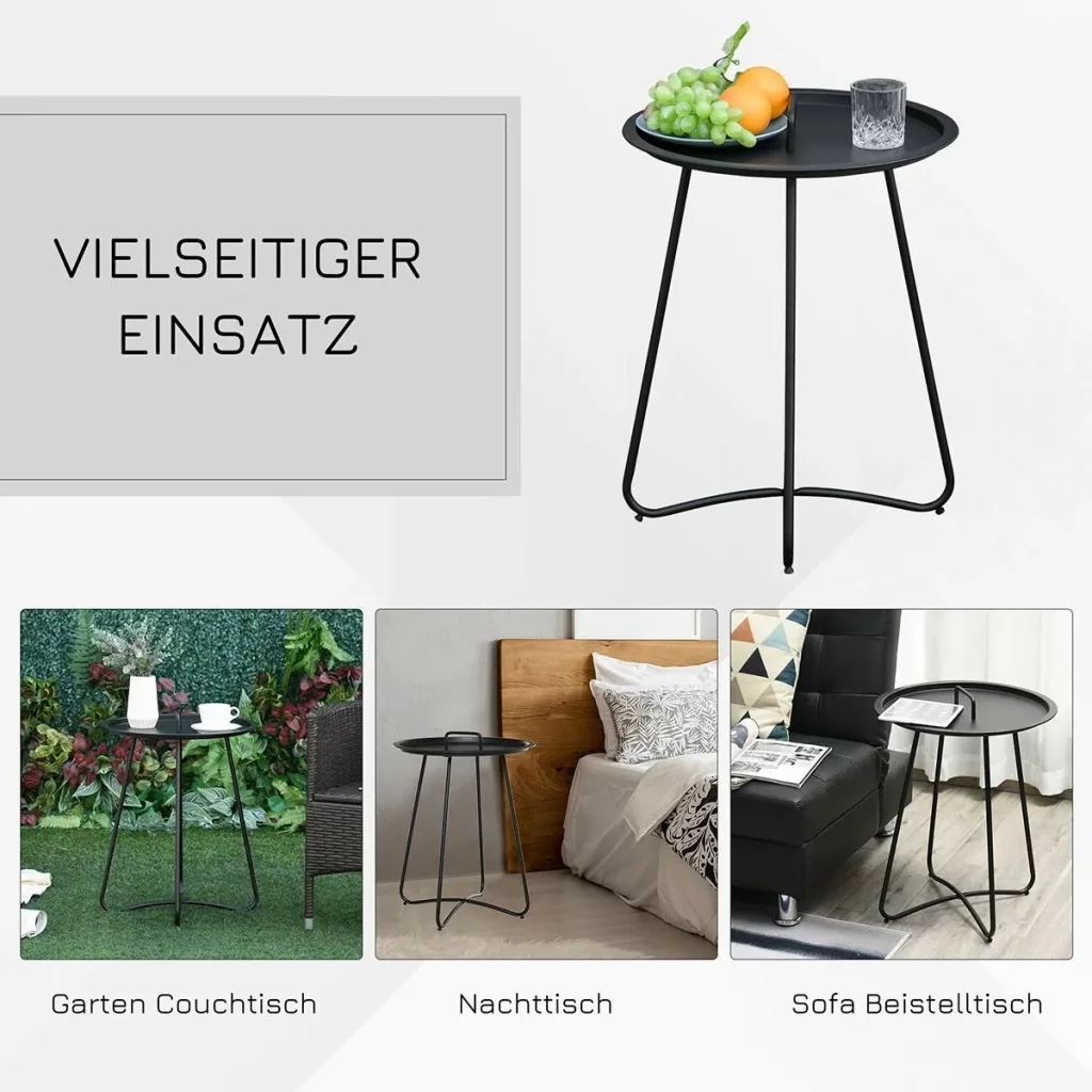 Beistelltisch für Garten Couchtisch Kaffeetisch mit Tragegriff Wohnzimmer Metall Schwarz Ø46 x 56H cm