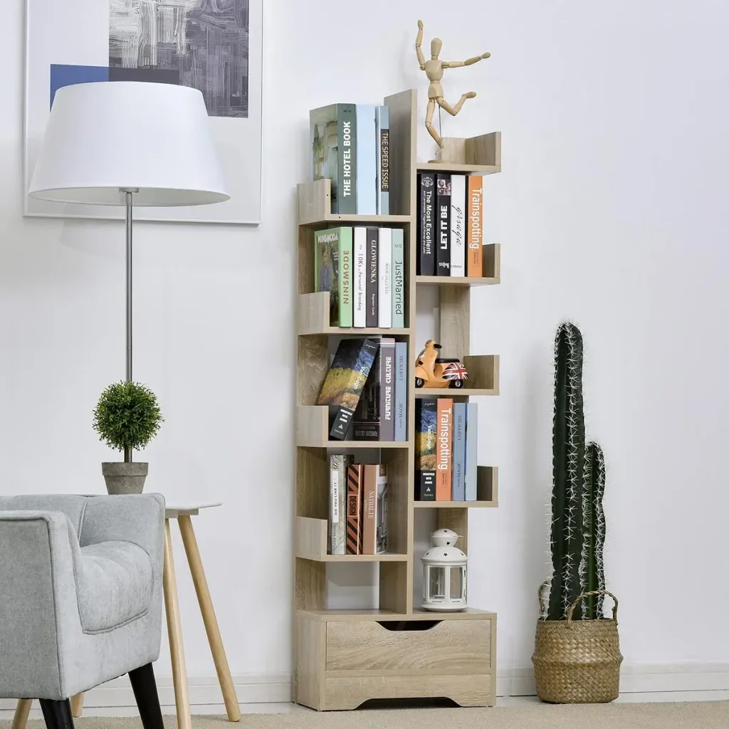 Bücherregal mit 10 Fächer und Schublade, Standregal, Eckbücherregal, E1 Spanplatte, 46 x 20 x 151 cm