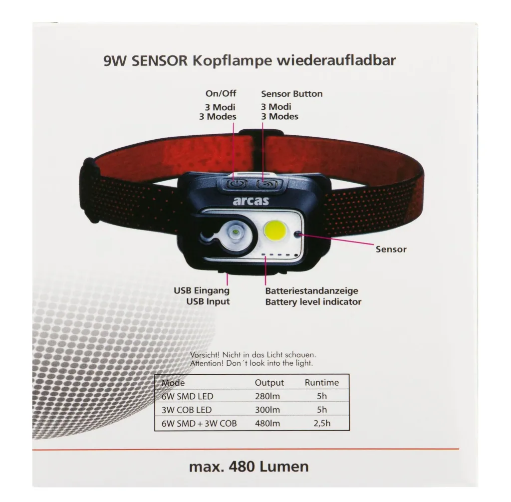 LED Kopflampe mit 6 Watt XPG-LED und 3 Watt COB-LED, 480 Lumen
