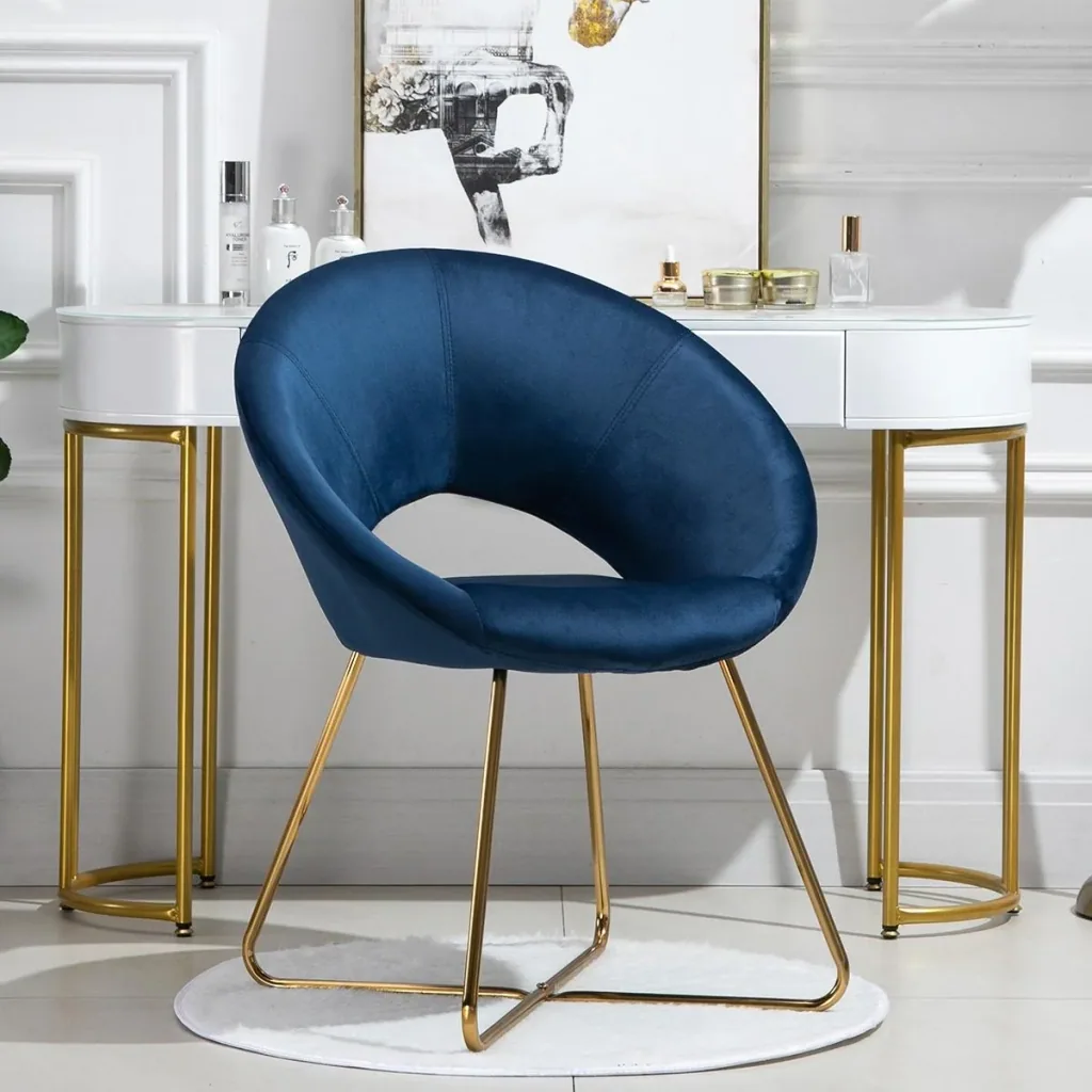 Esszimmerstuhl Wohnzimmerstuhl Bürostuhl Polsterstuhl Sessel modern Mitte des 20 Jhrd. Samt Stahl Blau+Gold 68 x 54 x 84