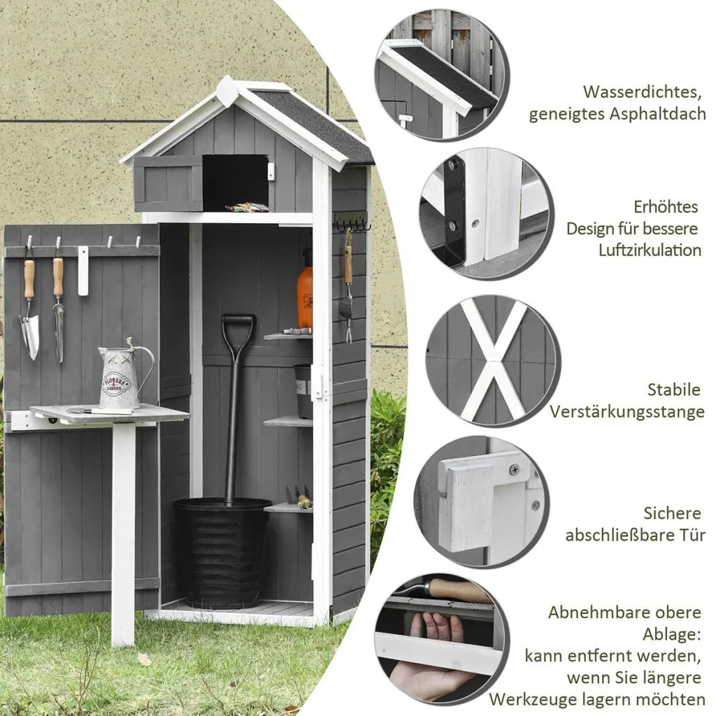 Gartenschrank Holz Gerätehaus mit Tür Dach Geräteschuppen mit Hacken Gartenlagerschrank faltbarer Tisch Outdoor Grau 78